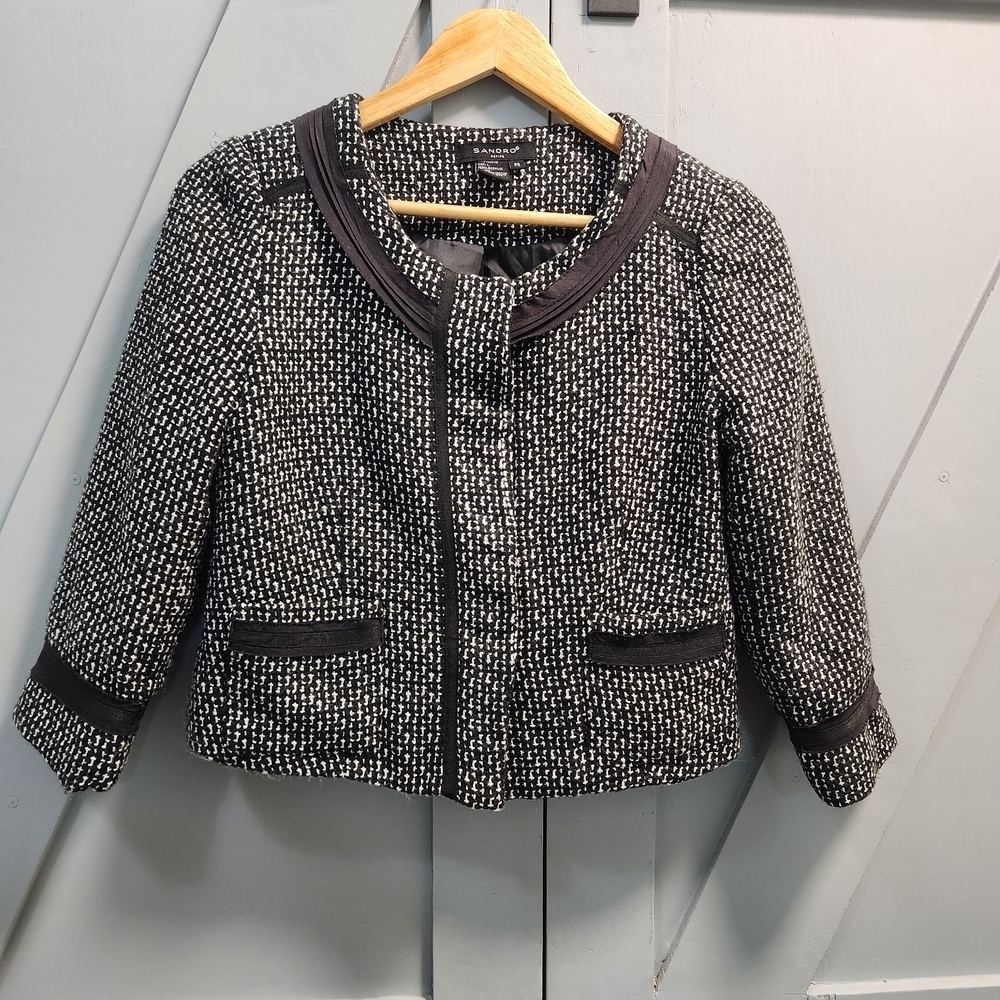 Sandro Petite Tweed Blazer Jacket Black White Snap Front Lined Pockets Sz PS